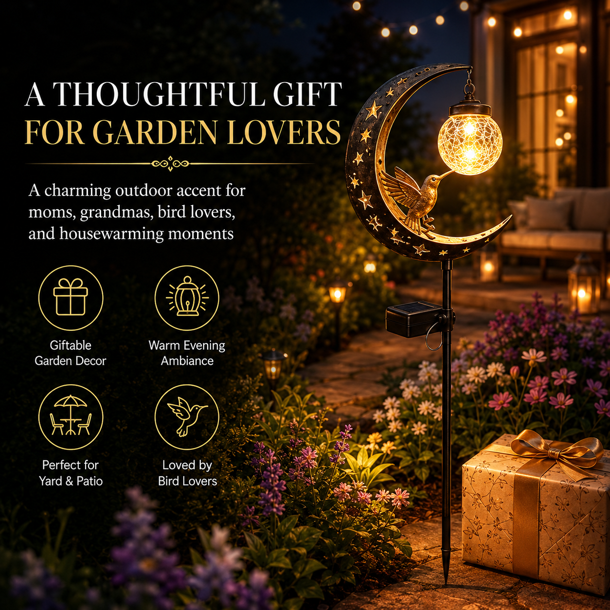 Hummingbird Moon Solar Garden Stake Light