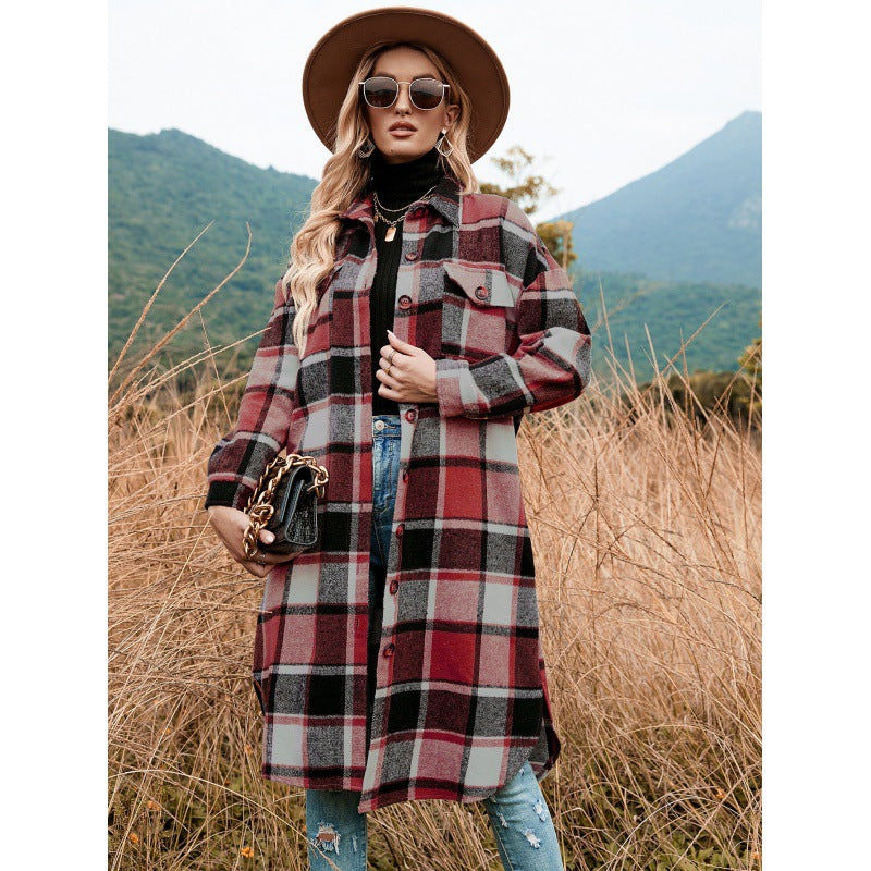 Womens Casual Plaid Wool Blend Button Down Long Sleeve Shirt Oversize Lapel Shacket Jacket Coat Flannel Peacoat