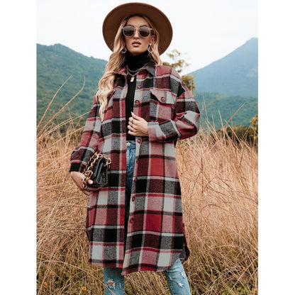 Womens Casual Plaid Wool Blend Button Down Long Sleeve Shirt Oversize Lapel Shacket Jacket Coat Flannel Peacoat