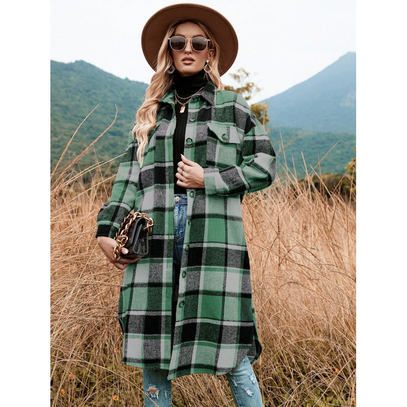 Womens Casual Plaid Wool Blend Button Down Long Sleeve Shirt Oversize Lapel Shacket Jacket Coat Flannel Peacoat