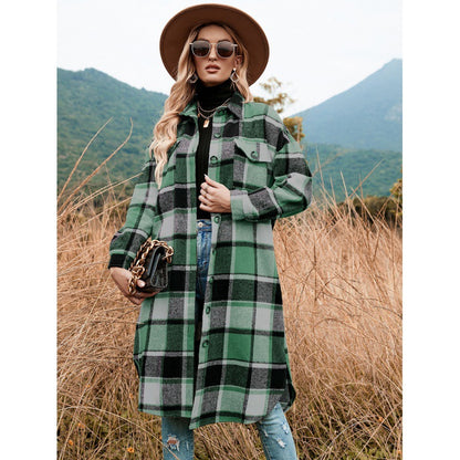 Womens Casual Plaid Wool Blend Button Down Long Sleeve Shirt Oversize Lapel Shacket Jacket Coat Flannel Peacoat