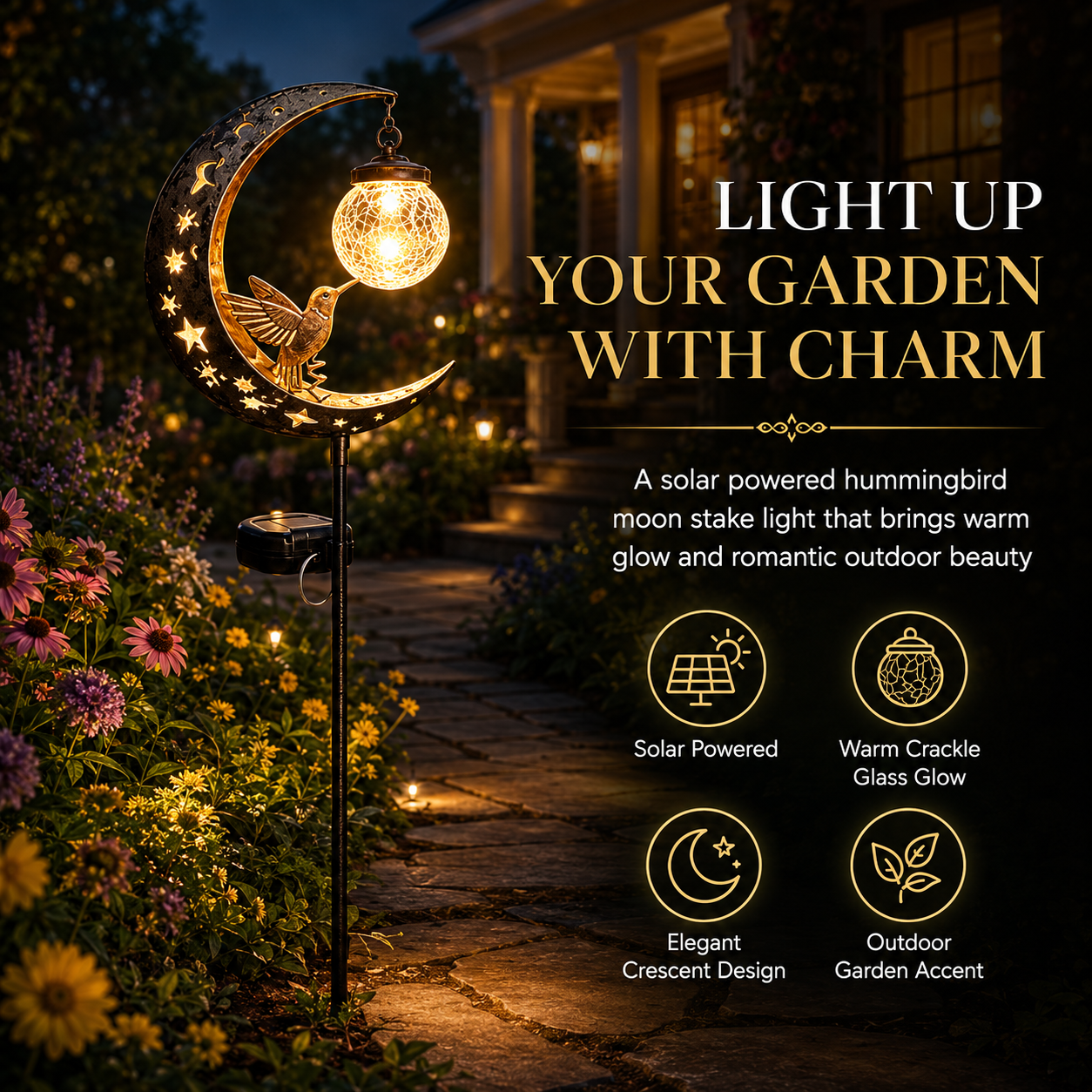 Hummingbird Moon Solar Garden Stake Light