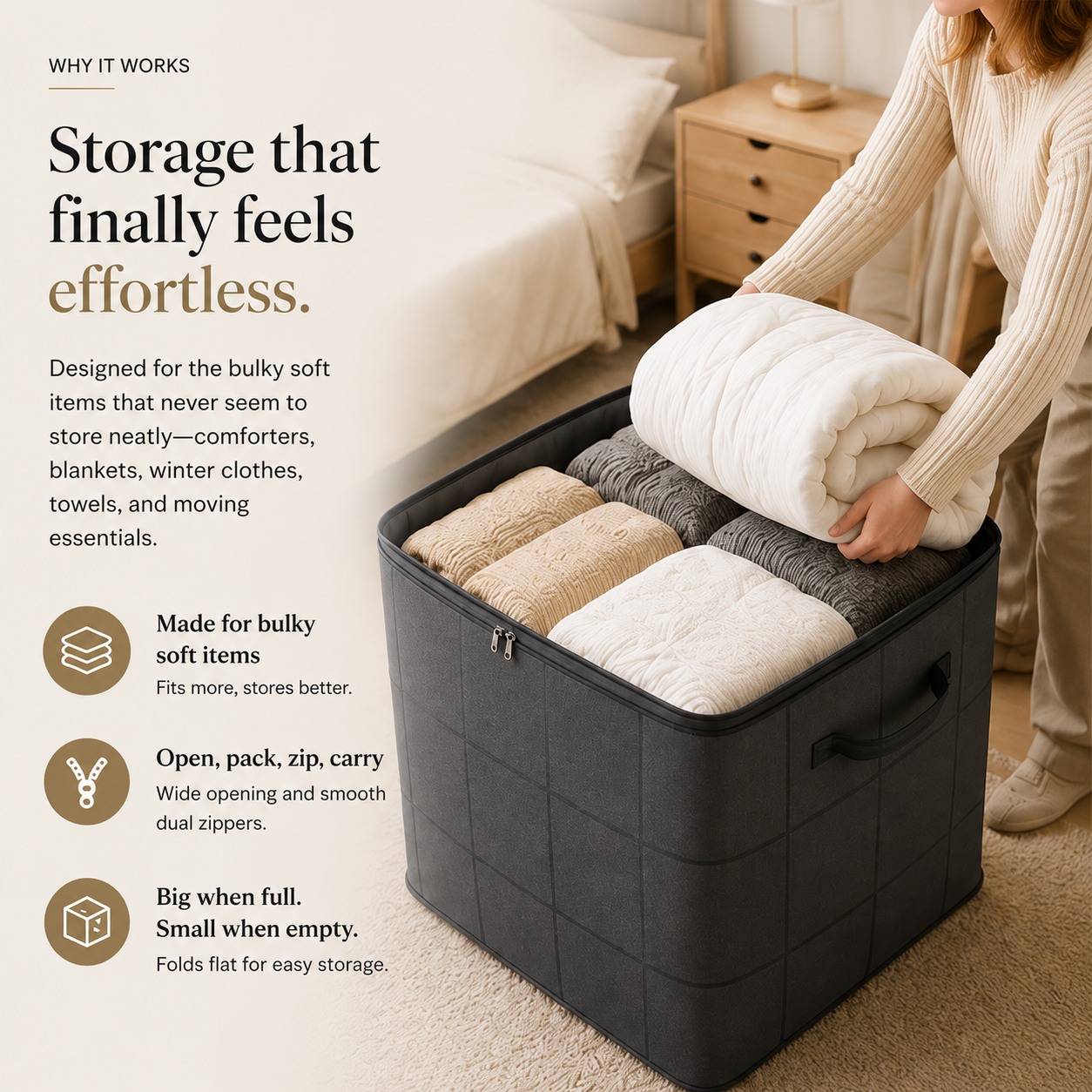 Spacious Moving Storage Bin, Zippered Organizer for Quilts & Clothes📦