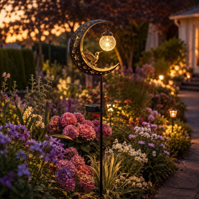 Hummingbird Moon Solar Garden Stake Light