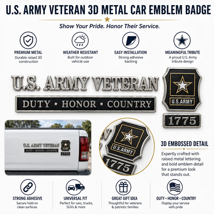 U.S. Army Veteran 3D Metal Car Emblem – Duty Honor Country Badge for Trucks & SUVs