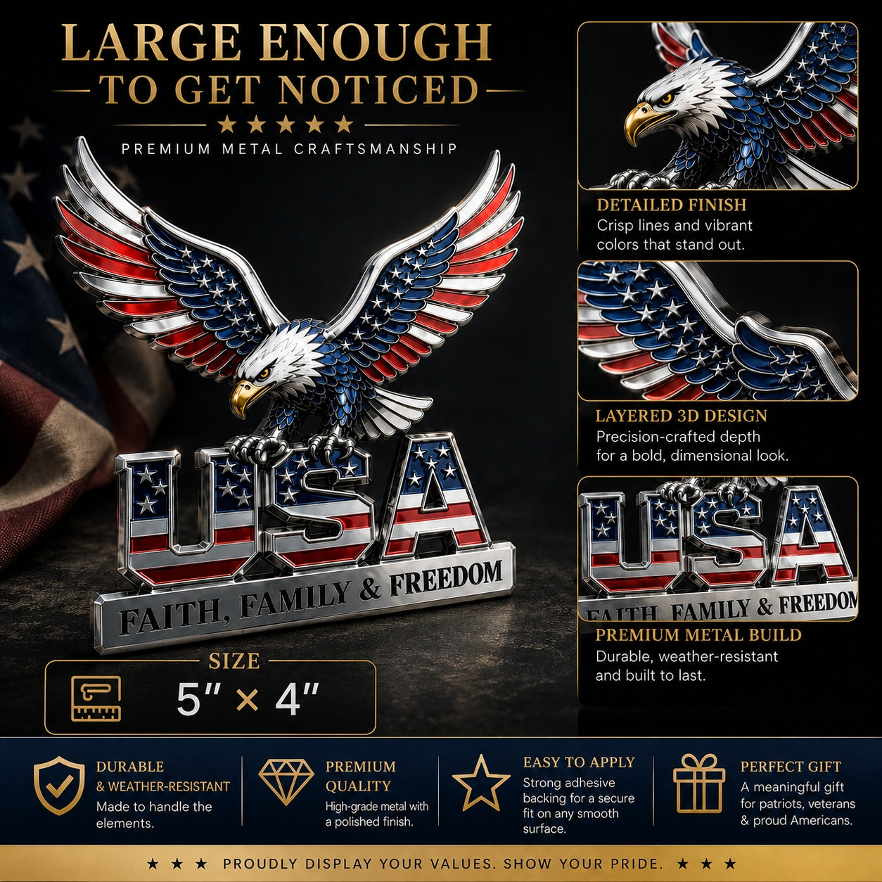 USA Faith, Family & Freedom 3D Metal Emblem