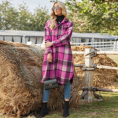 Womens Casual Plaid Wool Blend Button Down Long Sleeve Shirt Oversize Lapel Shacket Jacket Coat Flannel Peacoat