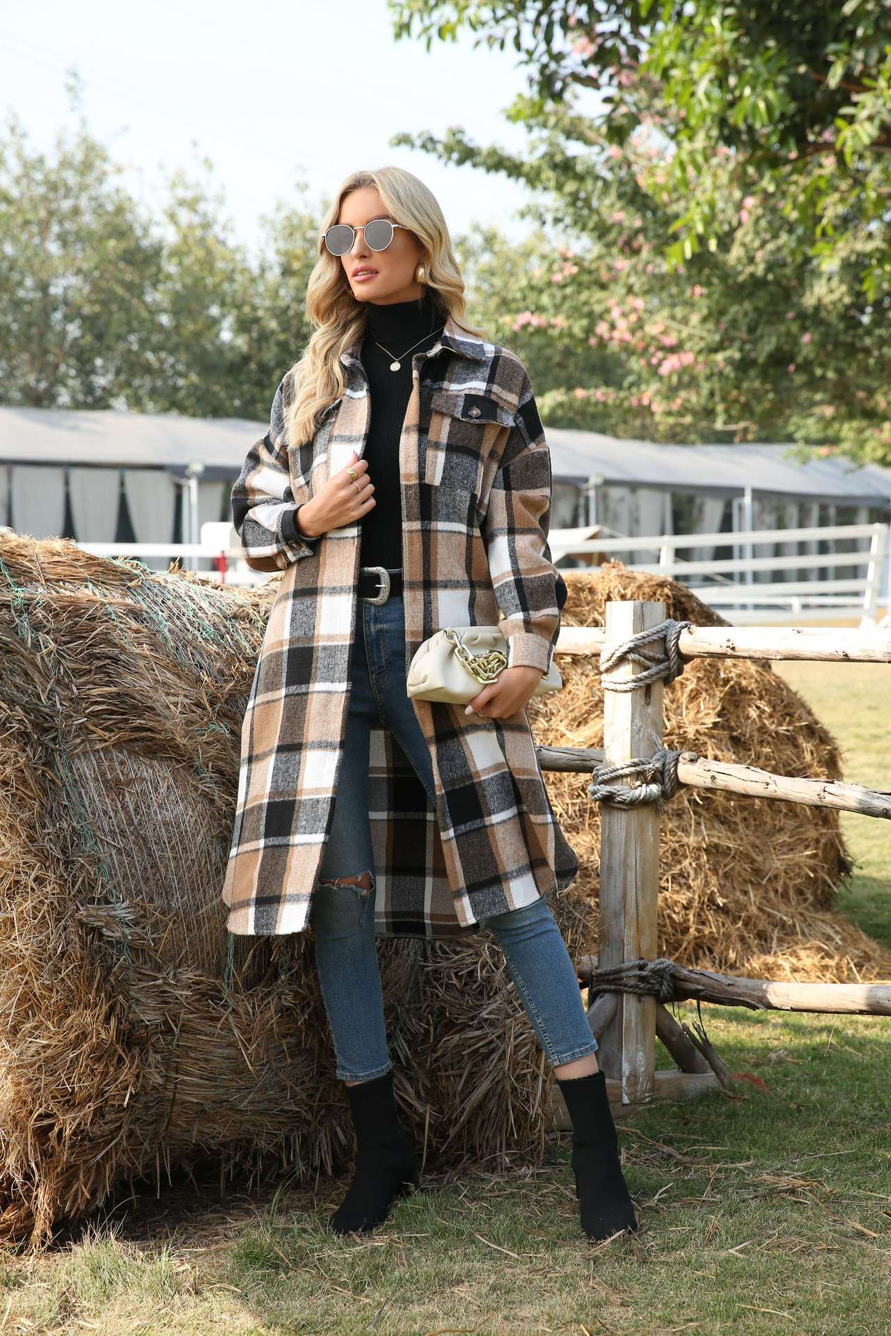 Womens Casual Plaid Wool Blend Button Down Long Sleeve Shirt Oversize Lapel Shacket Jacket Coat Flannel Peacoat