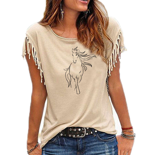 2020 New Creative Horse Women Cotton Tassel Casual T-shirt Clothing animals Tees Short Sleeve O-neck Women's t shirt