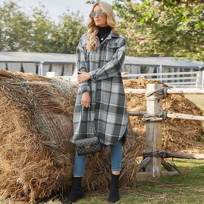 Womens Casual Plaid Wool Blend Button Down Long Sleeve Shirt Oversize Lapel Shacket Jacket Coat Flannel Peacoat