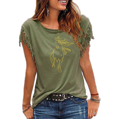 2020 New Creative Horse Women Cotton Tassel Casual T-shirt Clothing animals Tees Short Sleeve O-neck Women's t shirt