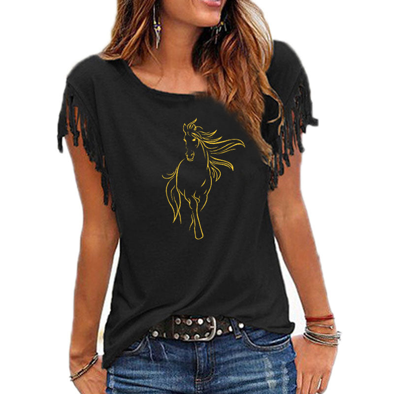 2020 New Creative Horse Women Cotton Tassel Casual T-shirt Clothing animals Tees Short Sleeve O-neck Women's t shirt