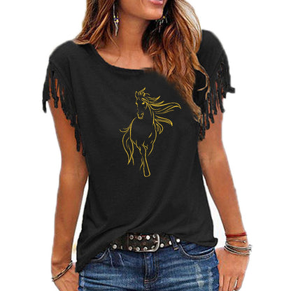 2020 New Creative Horse Women Cotton Tassel Casual T-shirt Clothing animals Tees Short Sleeve O-neck Women's t shirt