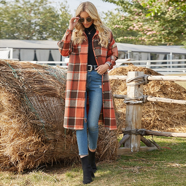Womens Casual Plaid Wool Blend Button Down Long Sleeve Shirt Oversize Lapel Shacket Jacket Coat Flannel Peacoat