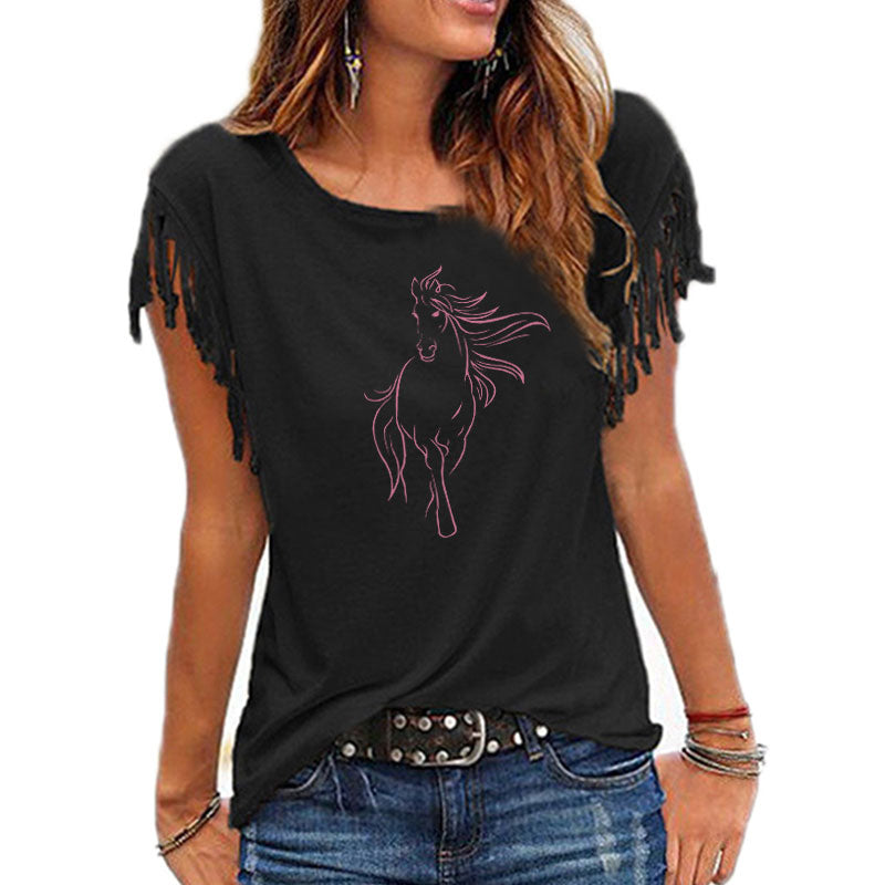 2020 New Creative Horse Women Cotton Tassel Casual T-shirt Clothing animals Tees Short Sleeve O-neck Women's t shirt