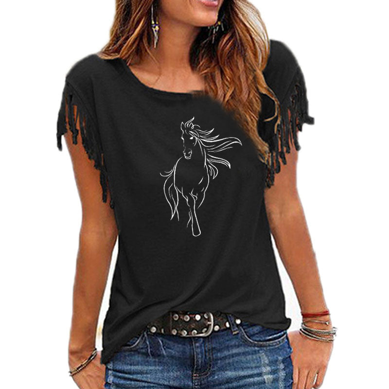 2020 New Creative Horse Women Cotton Tassel Casual T-shirt Clothing animals Tees Short Sleeve O-neck Women's t shirt