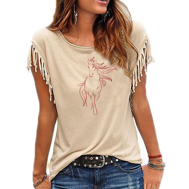 2020 New Creative Horse Women Cotton Tassel Casual T-shirt Clothing animals Tees Short Sleeve O-neck Women's t shirt