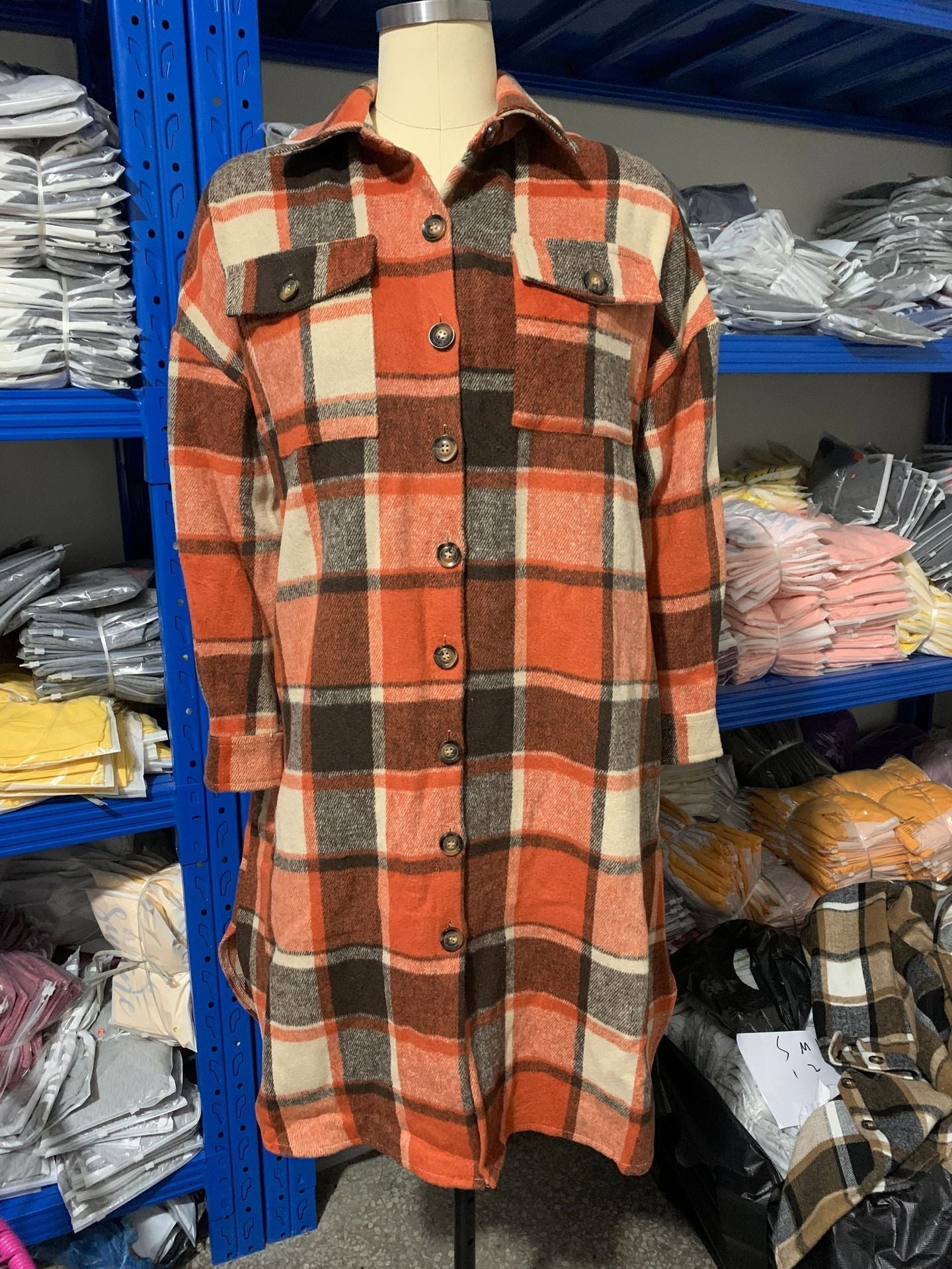 Womens Casual Plaid Wool Blend Button Down Long Sleeve Shirt Oversize Lapel Shacket Jacket Coat Flannel Peacoat