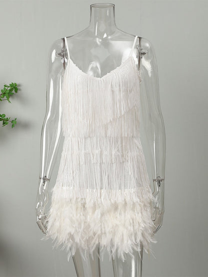 DazzleDress - Women's Feather Fringe Sequin Spaghetti Strap Dress