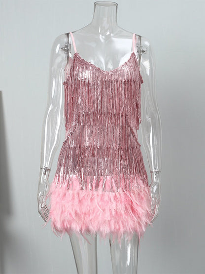 DazzleDress - Women's Feather Fringe Sequin Spaghetti Strap Dress